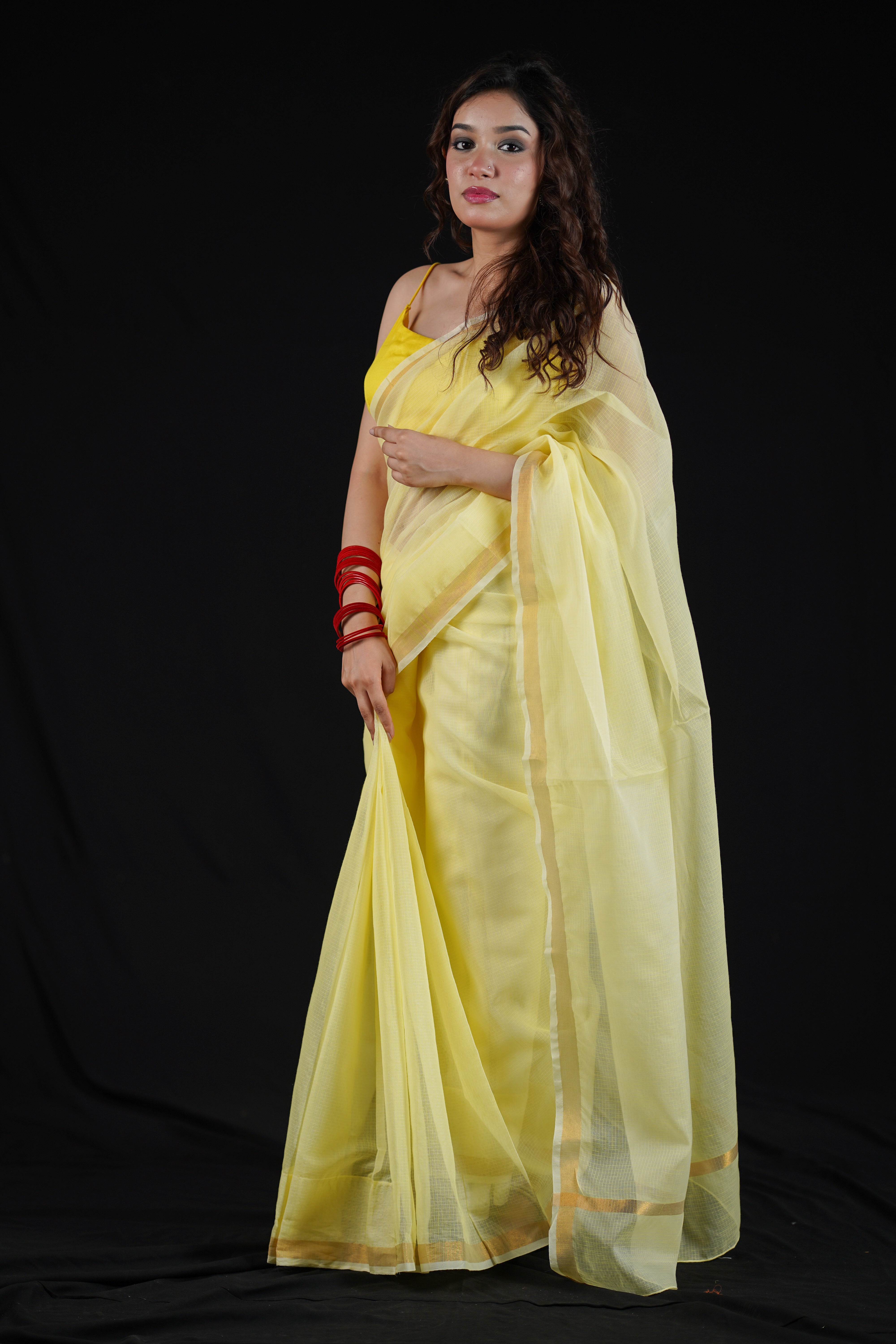 Lemon Yellow - Cotton Kota Doria Saree