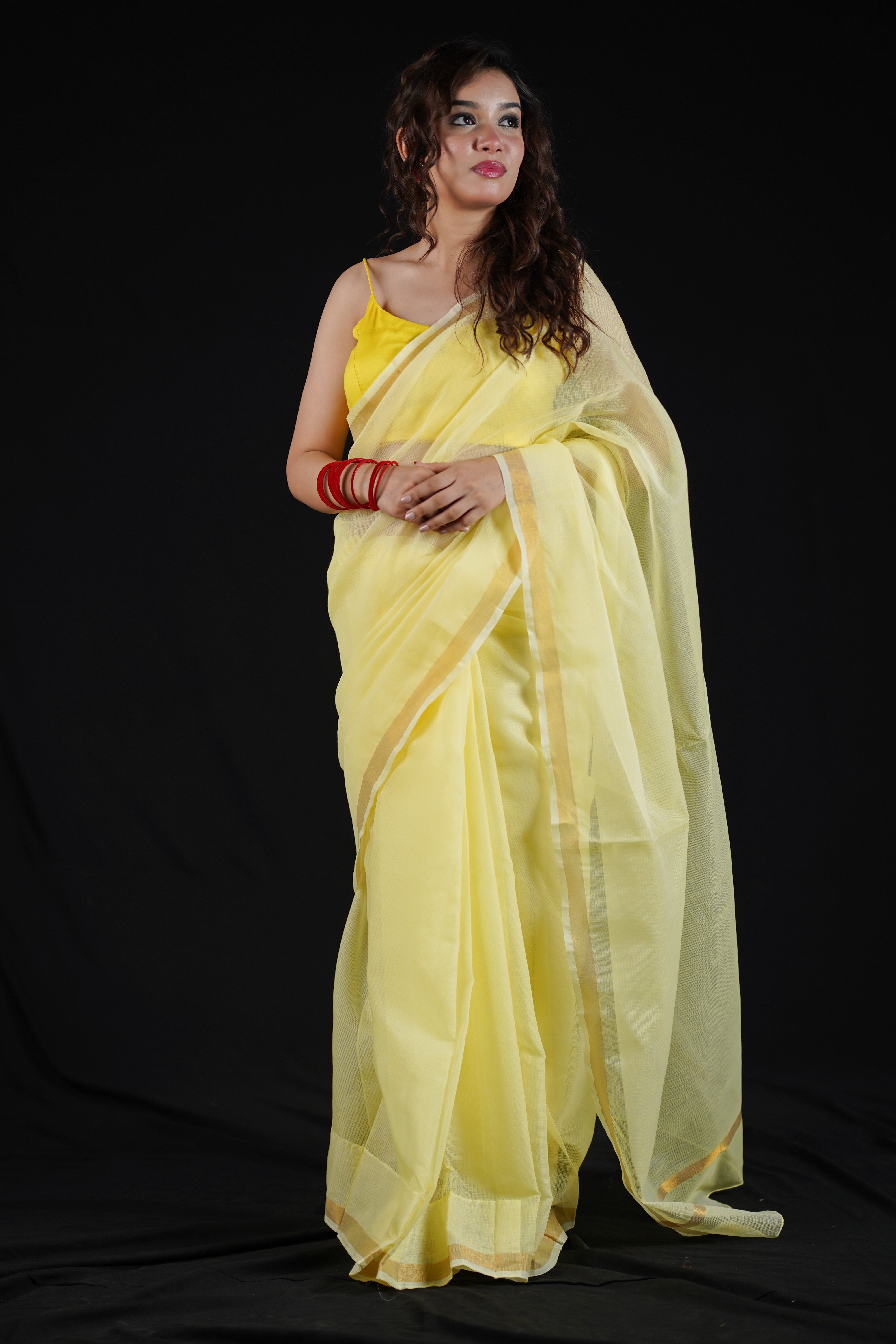 Lemon Yellow - Cotton Kota Doria Saree