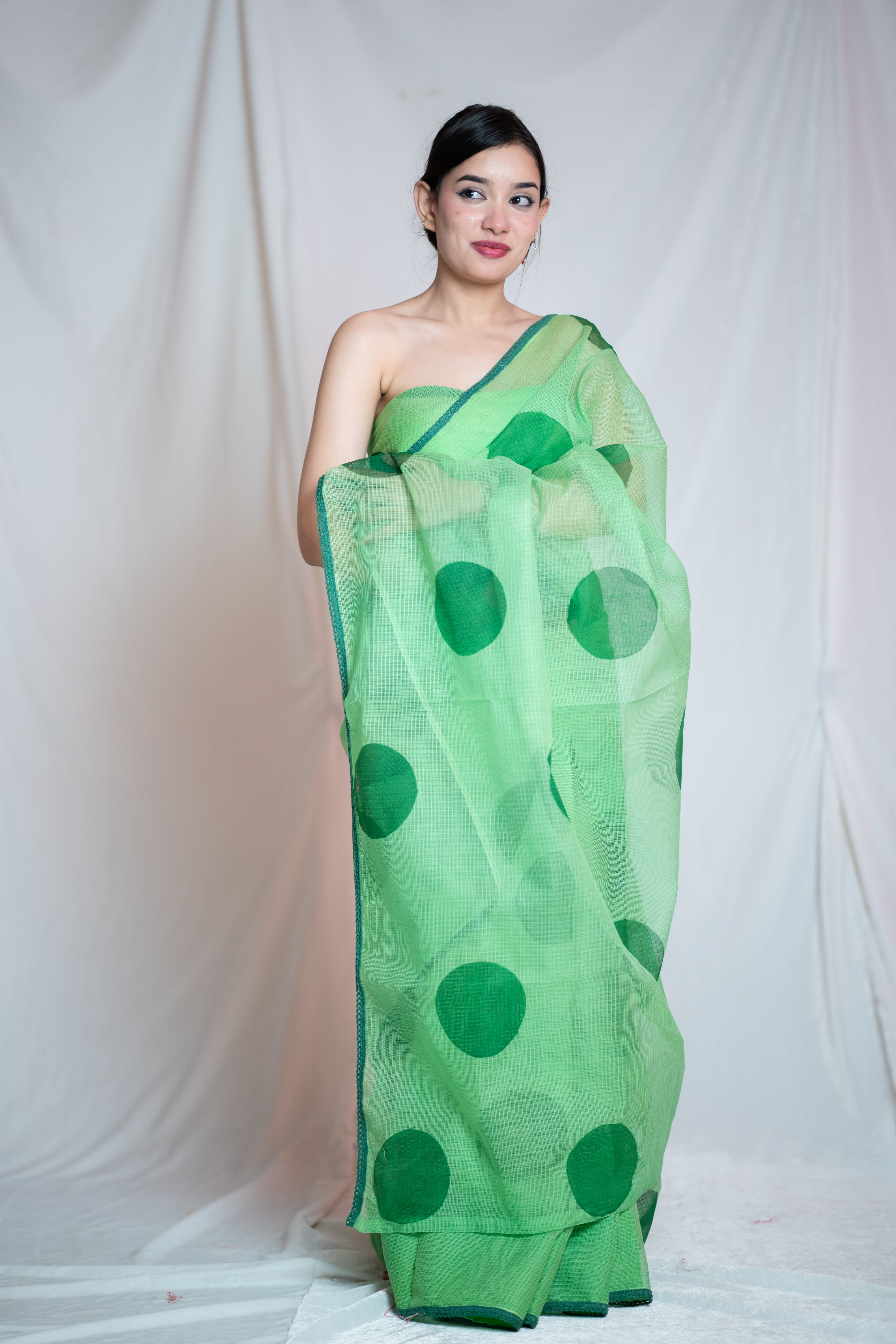 Green Kota Doria Saree with Dark Green Polka Dots
